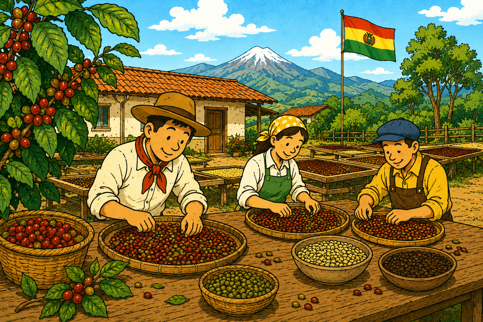 収穫したコーヒー豆を選別している様子