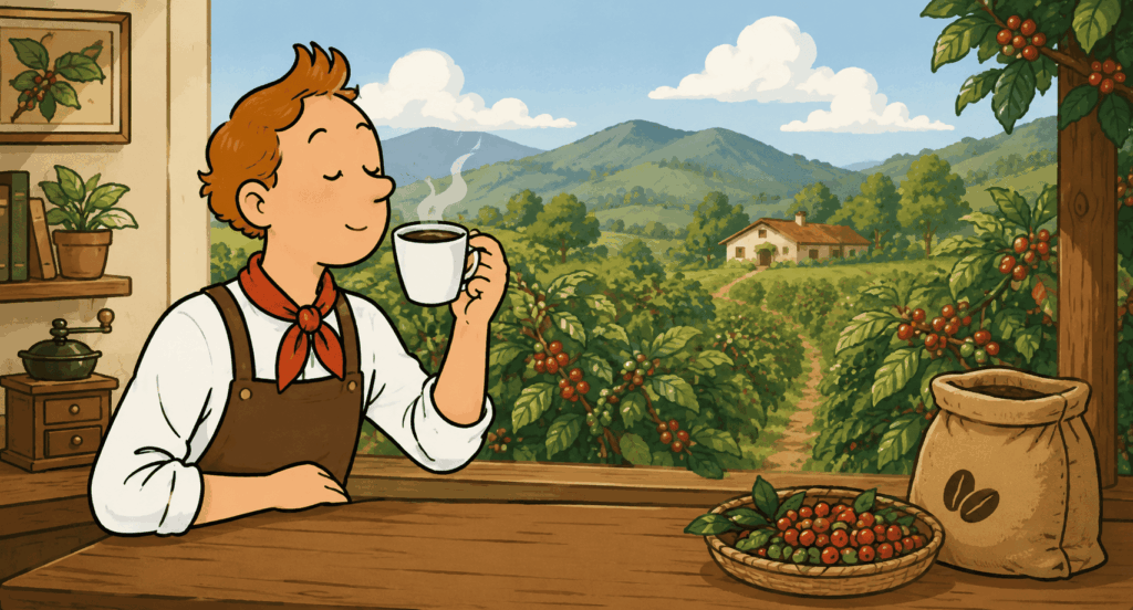 コーヒー産地を眺めながらコーヒーを味わうイラスト