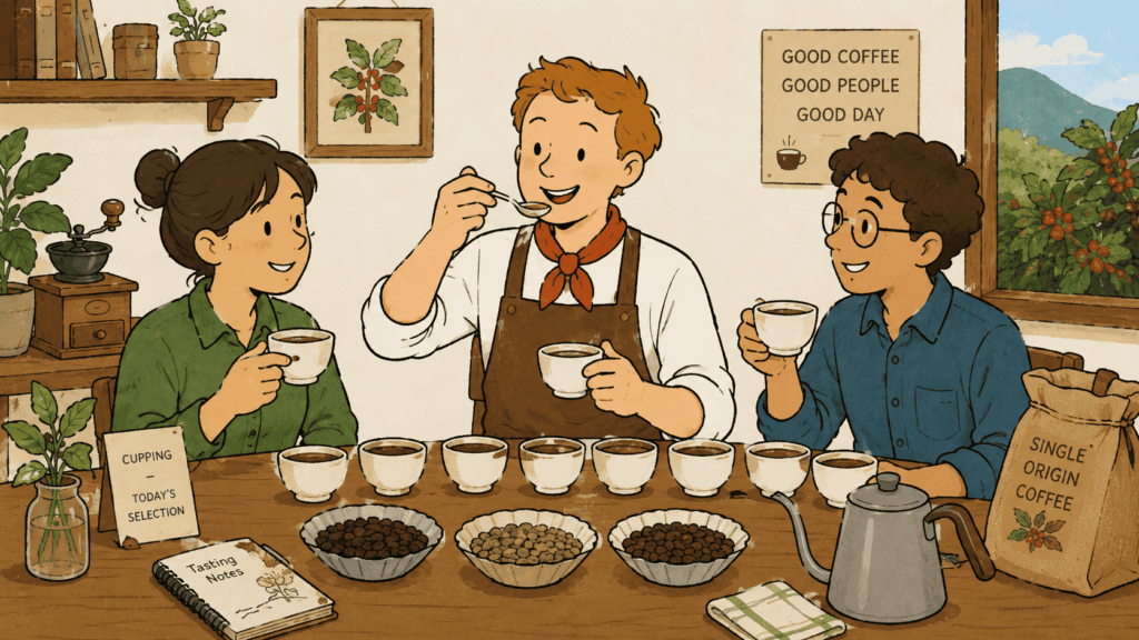 複数のコーヒーをテイスティングするイラスト