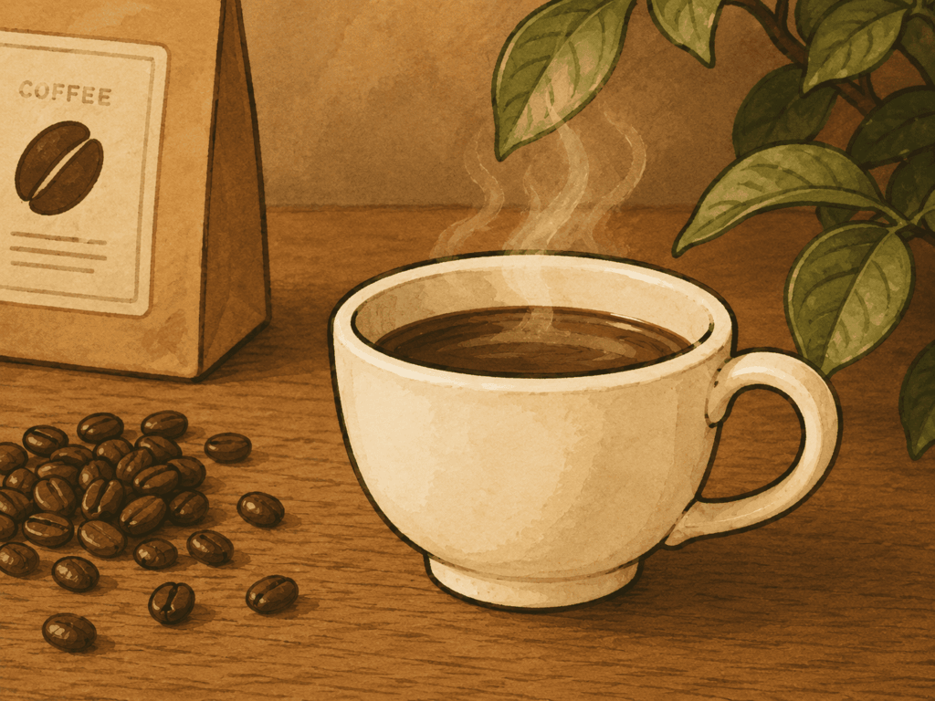 コーヒー豆と温かいコーヒーカップのイラスト