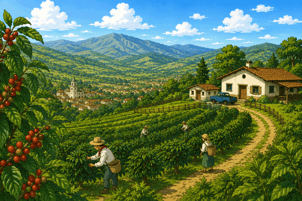 山あいのコーヒー農園と生産者のイラスト