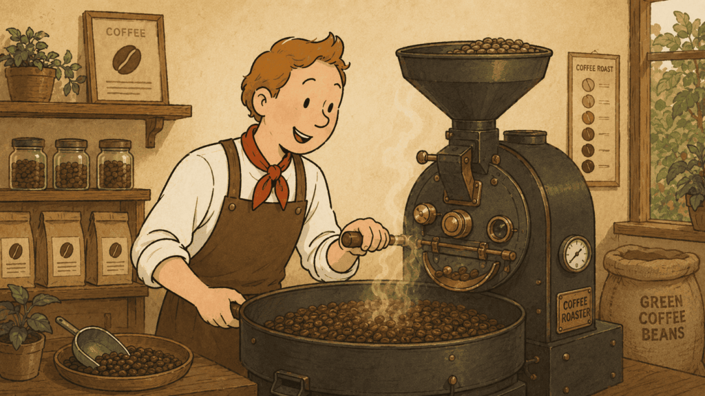 焙煎士がコーヒー豆を焙煎するイラスト