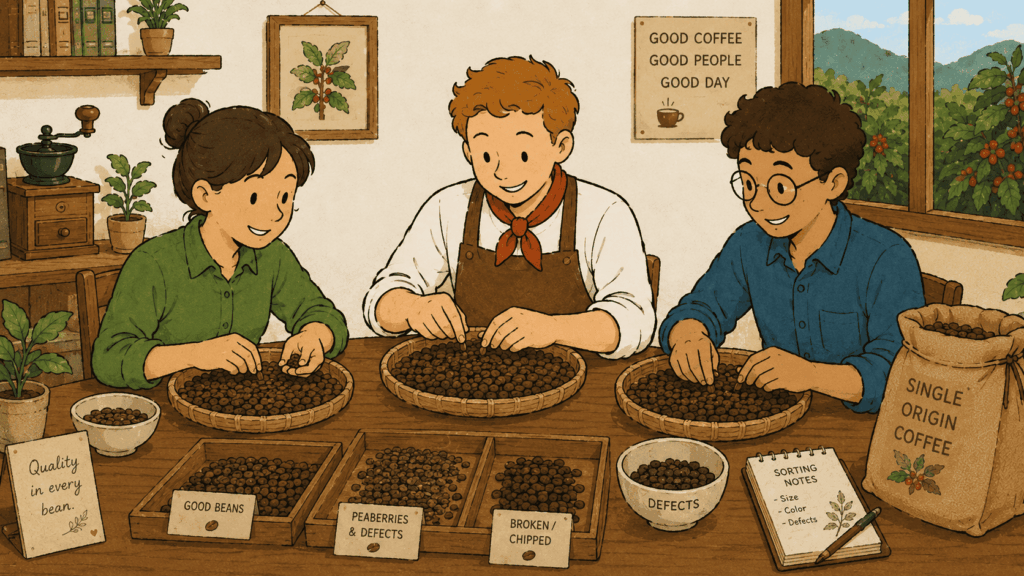 コーヒー豆を丁寧に選別するイラスト