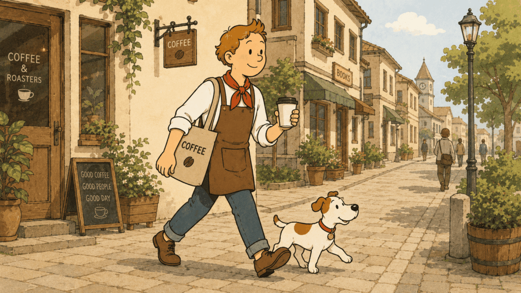 コーヒーを手に街を歩くイラスト