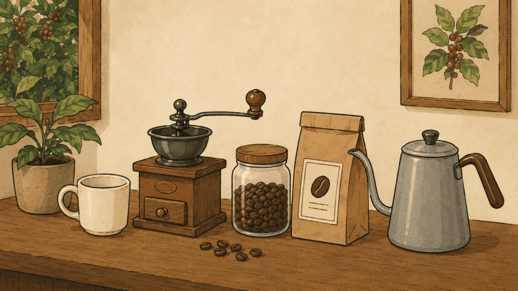 コーヒーミルやケトルなど抽出器具のイラスト