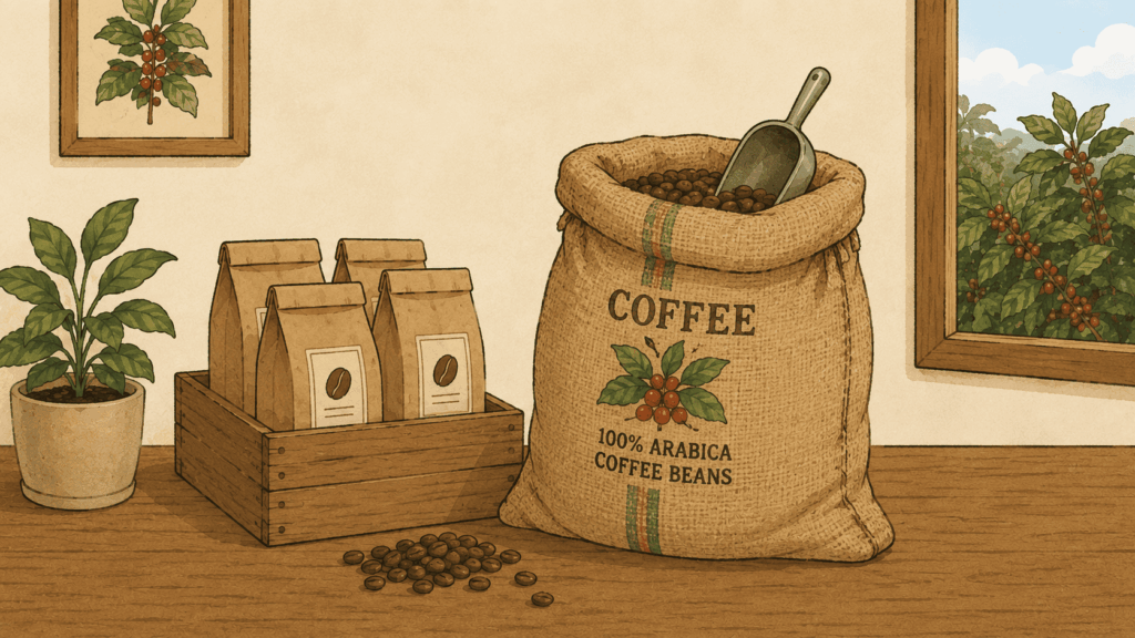 コーヒー豆の麻袋と商品パッケージのイラスト