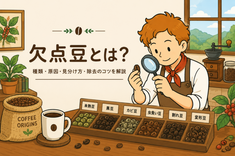 欠点豆の種類と見分け方を紹介するコーヒーのイラスト