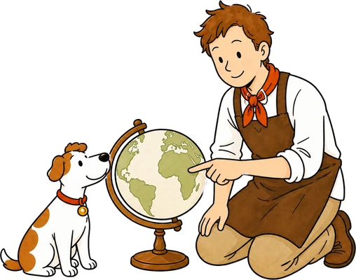 案内役と犬が地球儀でコーヒーの産地を確認するイラスト