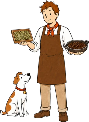 案内役と犬が生豆と焙煎豆を見比べるイラスト