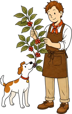 案内役と犬がコーヒーチェリーの実る木を観察するイラスト