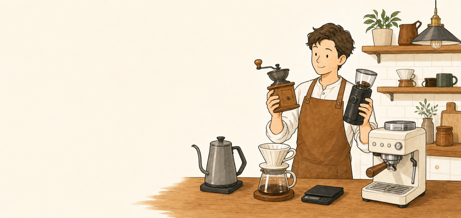 コーヒー器具を選ぶバリスタのイラスト