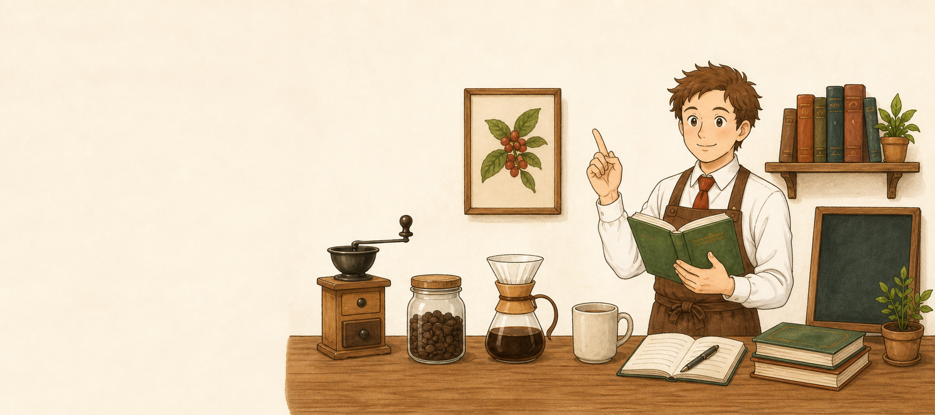 本を開いてコーヒーを解説する案内人