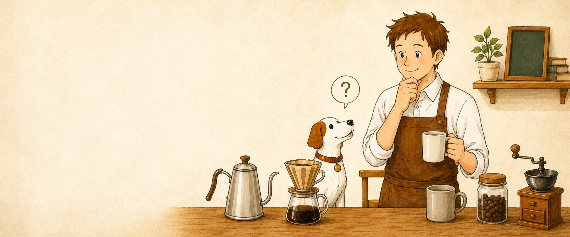 コーヒーの悩みを考えるバリスタと犬