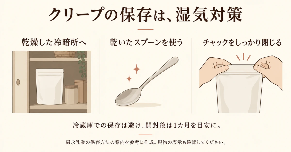 乾燥した冷暗所に置き、乾いたスプーンを使い、チャックを閉じるクリープの保存方法