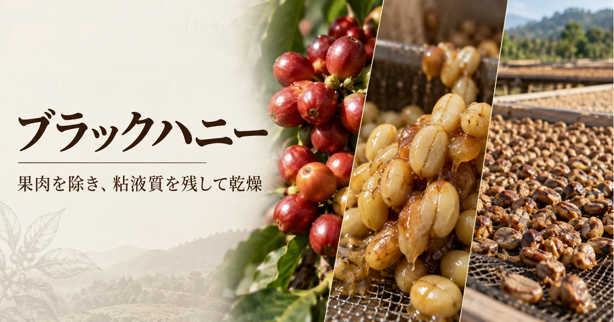 ブラックハニー精製の流れを示すイメージ：コーヒーチェリー、粘液質を残したパーチメント、乾燥床