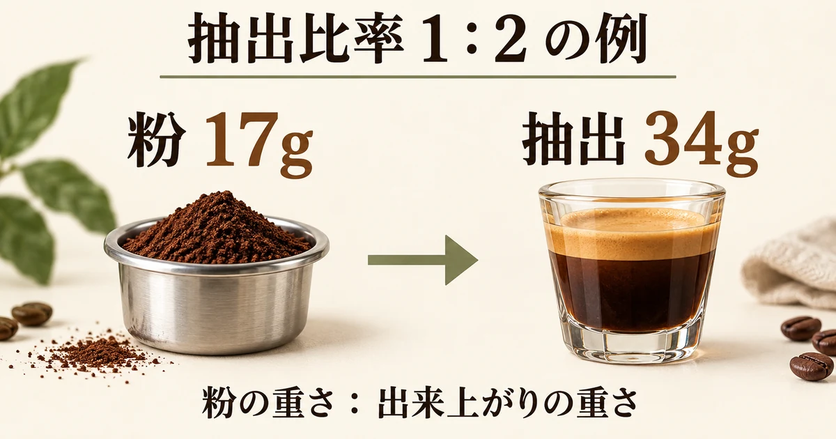 粉17gに対して抽出34g、重量で1対2となる計算例