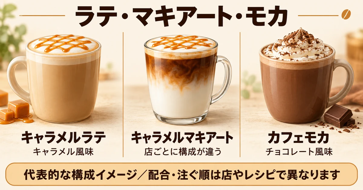 キャラメルラテはキャラメル風味、キャラメルマキアートは店ごとに構成が異なり、カフェモカはチョコレート風味