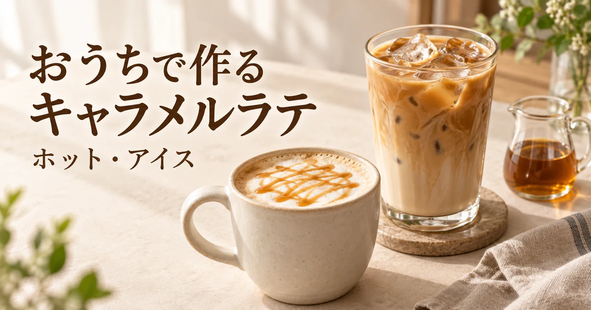 おうちで作るキャラメルラテ。ホットとアイスの2杯を並べたイメージ