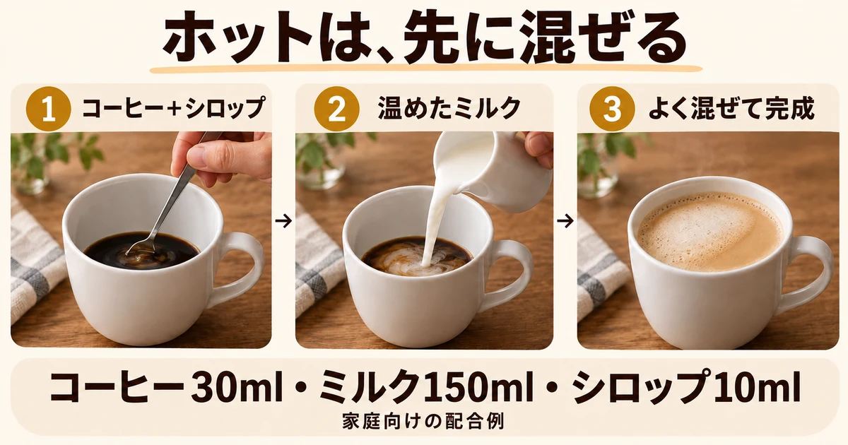 ホットはコーヒー30mlとシロップ10mlを混ぜ、温めたミルク150mlを加えて混ぜる