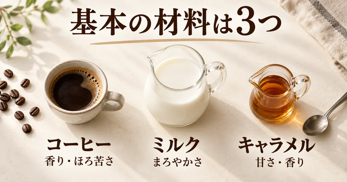キャラメルラテの基本材料はコーヒー、ミルク、キャラメルの3つ