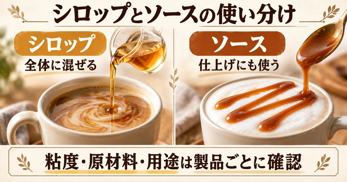 シロップは全体に混ぜ、ソースは仕上げにも使う。粘度・原材料・用途は製品ごとに確認する