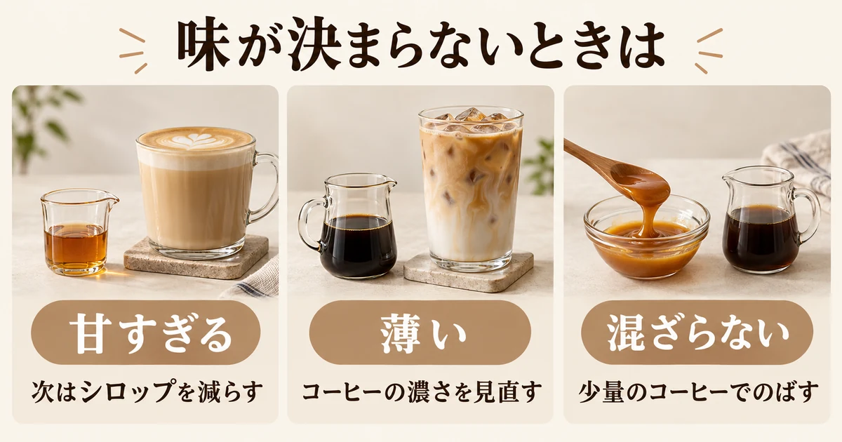 甘すぎる場合は次回シロップを減らす、薄い場合はコーヒーの濃さを見直す、混ざらないソースは少量のコーヒーでのばす