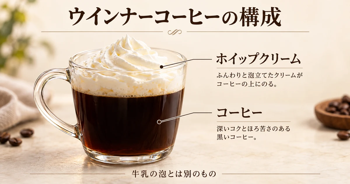 ウインナーコーヒーはコーヒーの上にホイップクリームをのせる。牛乳の泡とは異なる