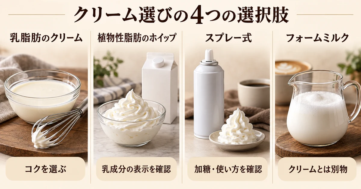 乳脂肪クリーム、植物性脂肪のホイップ、スプレー式、フォームミルクの違い