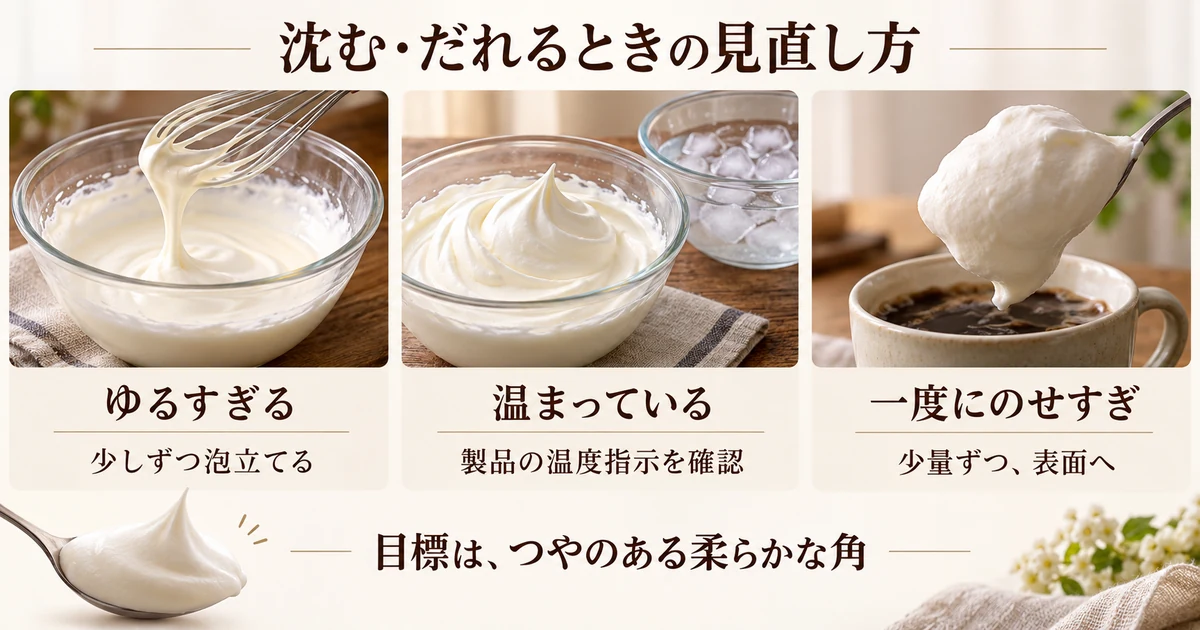 クリームが沈む・だれるときは柔らかさ、温度、のせる量を確認する