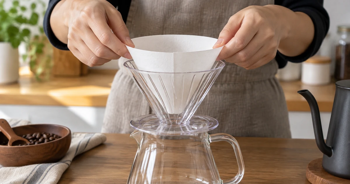 円すい形の紙フィルターをドリッパーへセットする様子