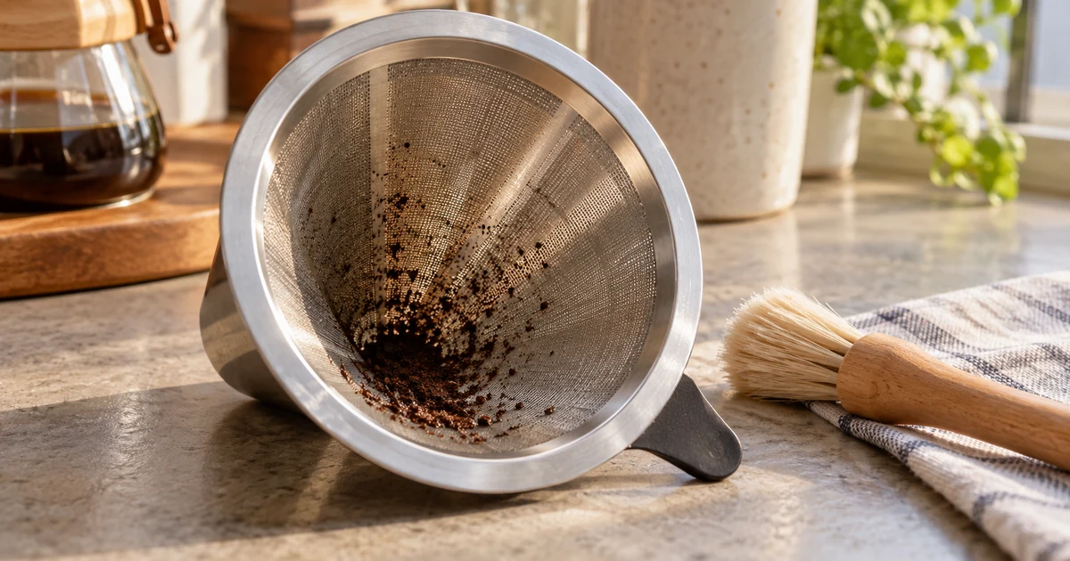 金属フィルターの細かな網に残ったコーヒー粉と柔らかいブラシ