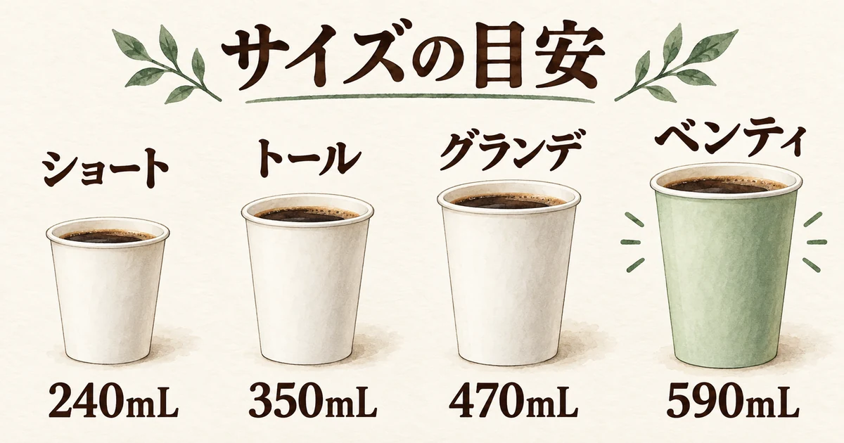 ショート240mL、トール350mL、グランデ470mL、ベンティ590mLの容量目安