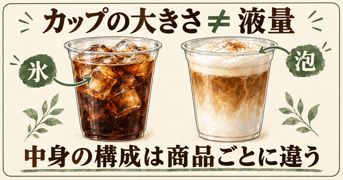 氷やミルクの泡が含まれるため、カップの大きさと液量は同じではない