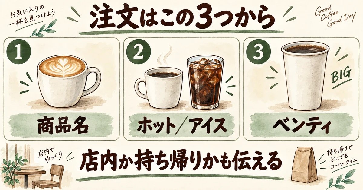 商品名、ホットかアイスか、ベンティの順に伝え、店内か持ち帰りかも添える