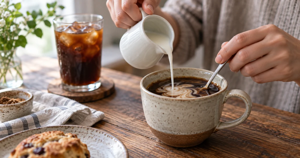 コーヒーに牛乳を少しずつ加えながら混ぜる様子