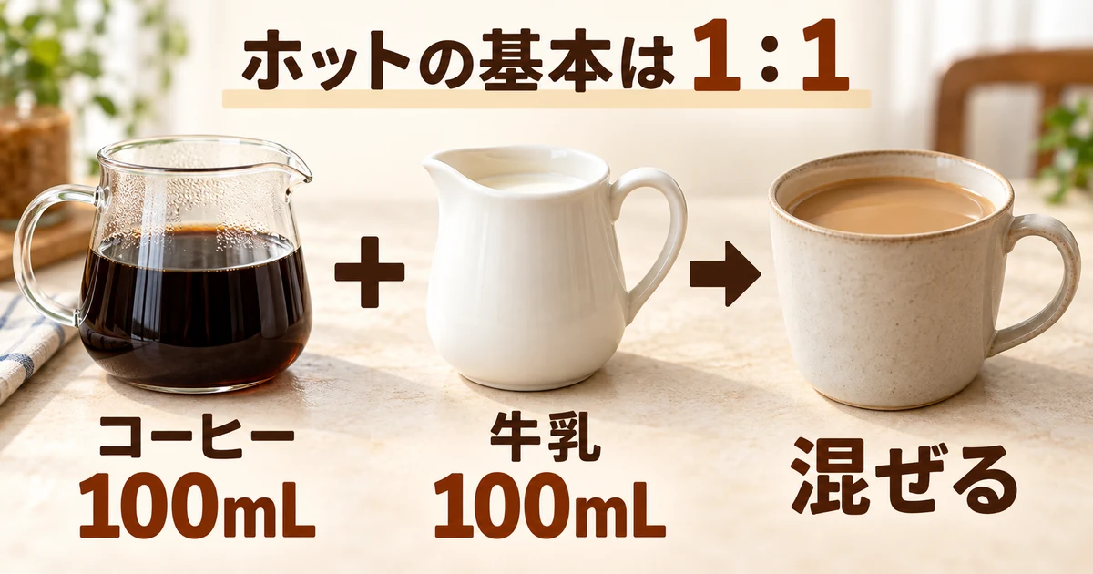 ホット1杯の家庭向け配合例は、コーヒー100mLと牛乳100mLを合わせる
