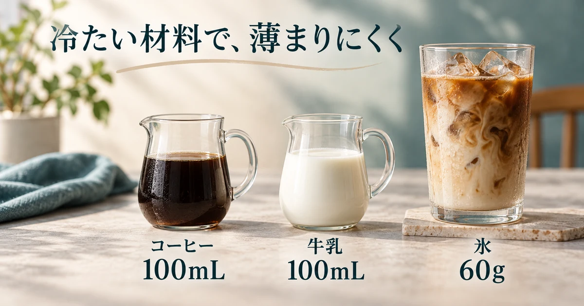 アイス1杯の家庭向け配合例は、冷たいコーヒー100mL、牛乳100mL、氷60g