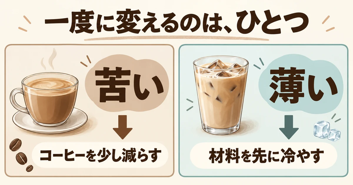 苦いときはコーヒーを少し減らし、氷で薄まるときは材料を先に冷やす。一度に変える条件は一つ