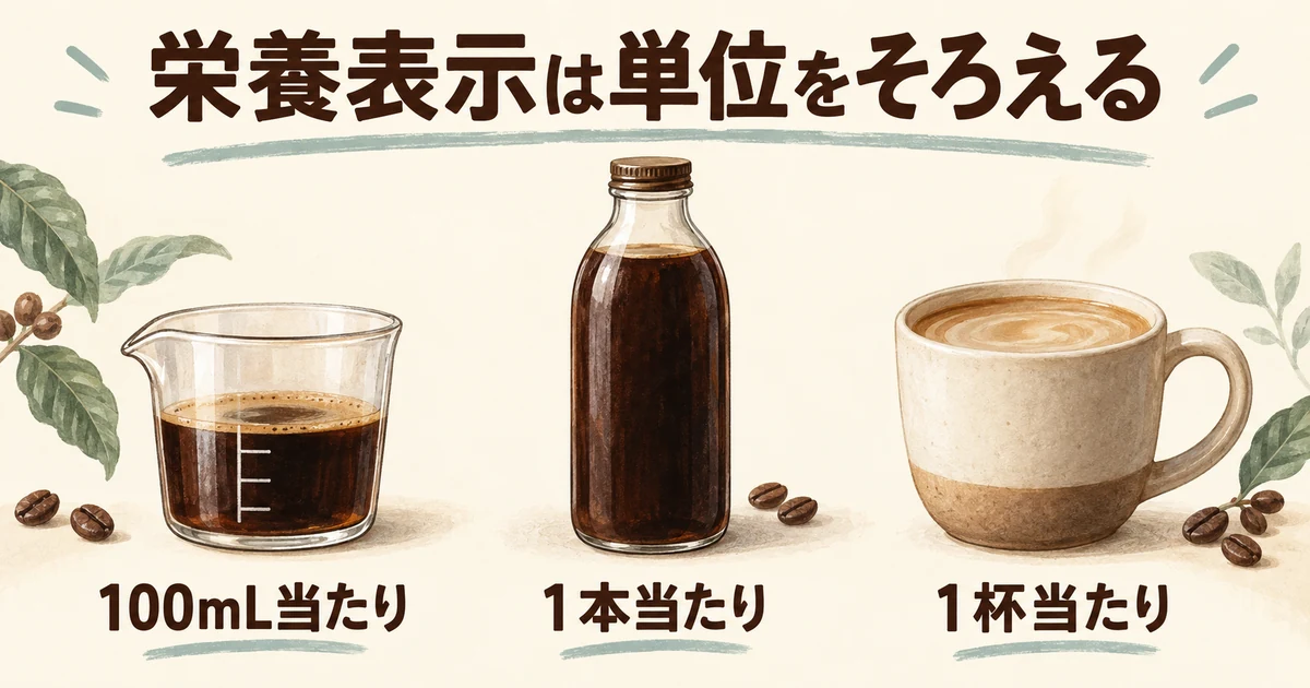 栄養表示は100mL当たり、1本当たり、1杯当たりの単位をそろえて比較する