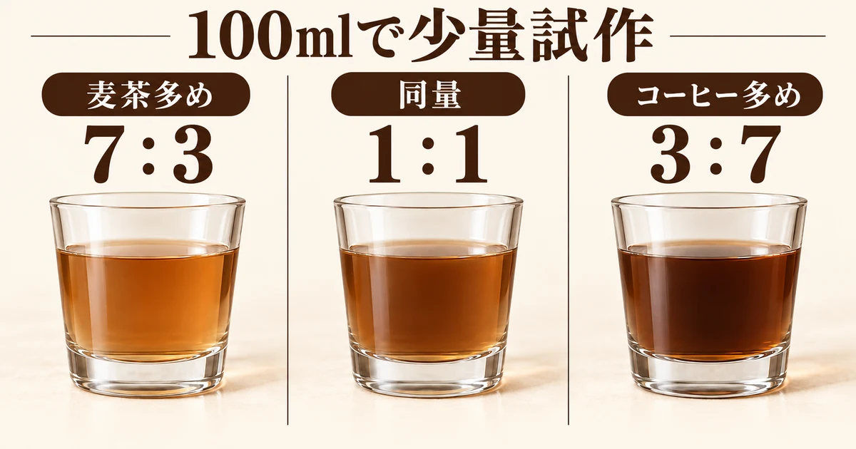 100mlの少量試作で比べる麦茶対コーヒーの比率7対3、1対1、3対7