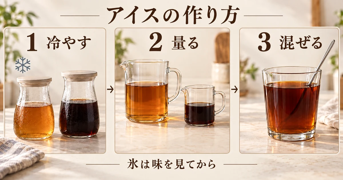 アイスは材料を冷やし、量ってから混ぜる。氷は味を見た後に加える