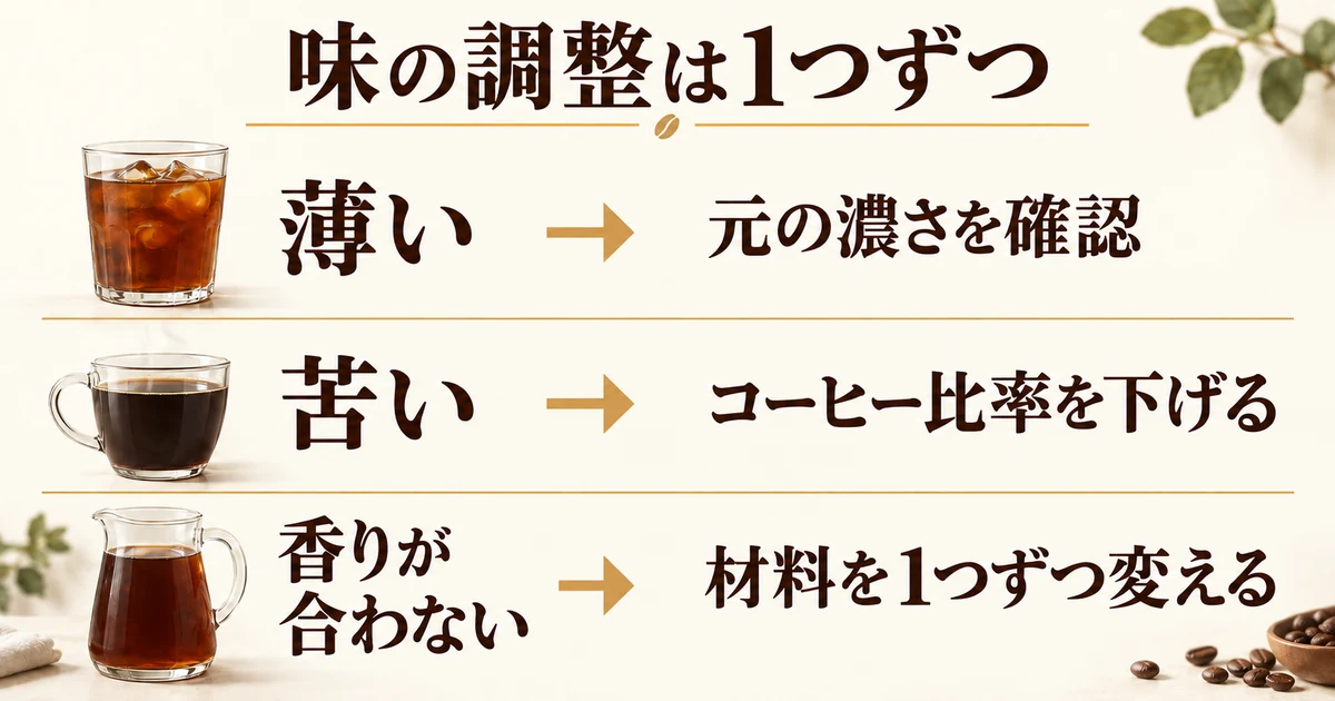 薄いときは元の濃さ、苦いときはコーヒー比率、香りが合わないときは材料を1つずつ見直す