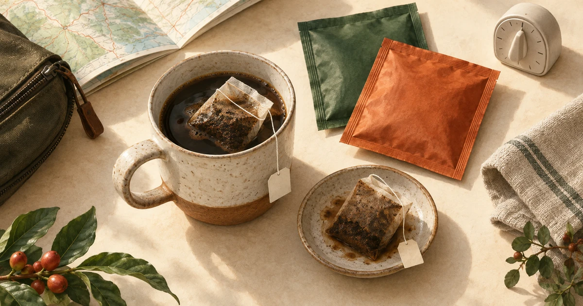 外出先で使うカップ、個包装のコーヒーバッグ、タイマーと受け皿