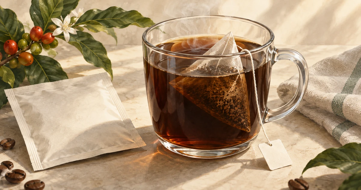湯の中に浸したコーヒーバッグと一杯のコーヒー