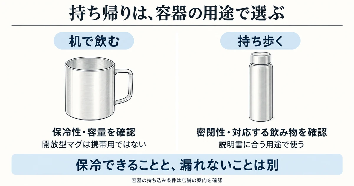 机で飲む開放型マグと持ち歩く密閉対応ボトルを区別し、容量と対応飲料を確認する図