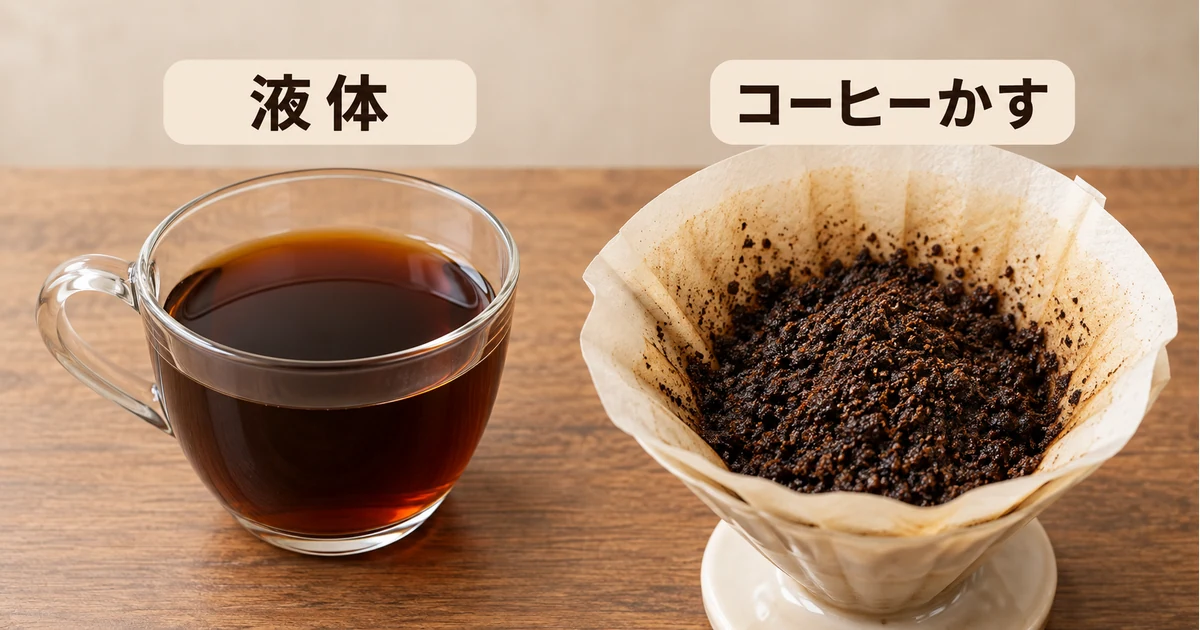 飲み残しの液体と、紙フィルターに残るコーヒーかすの違い