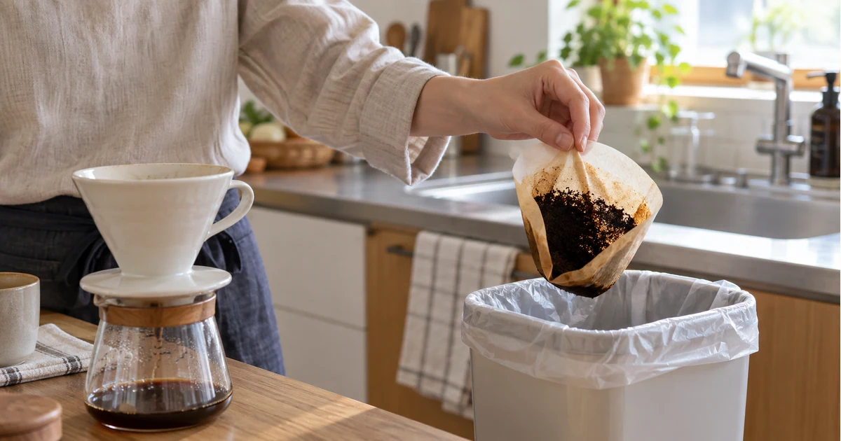 冷ましたペーパーフィルターをコーヒーかすごと袋へ移す様子