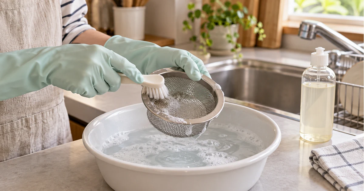 取り外したごみ受けをブラシと使用可能な洗剤で洗うイメージ