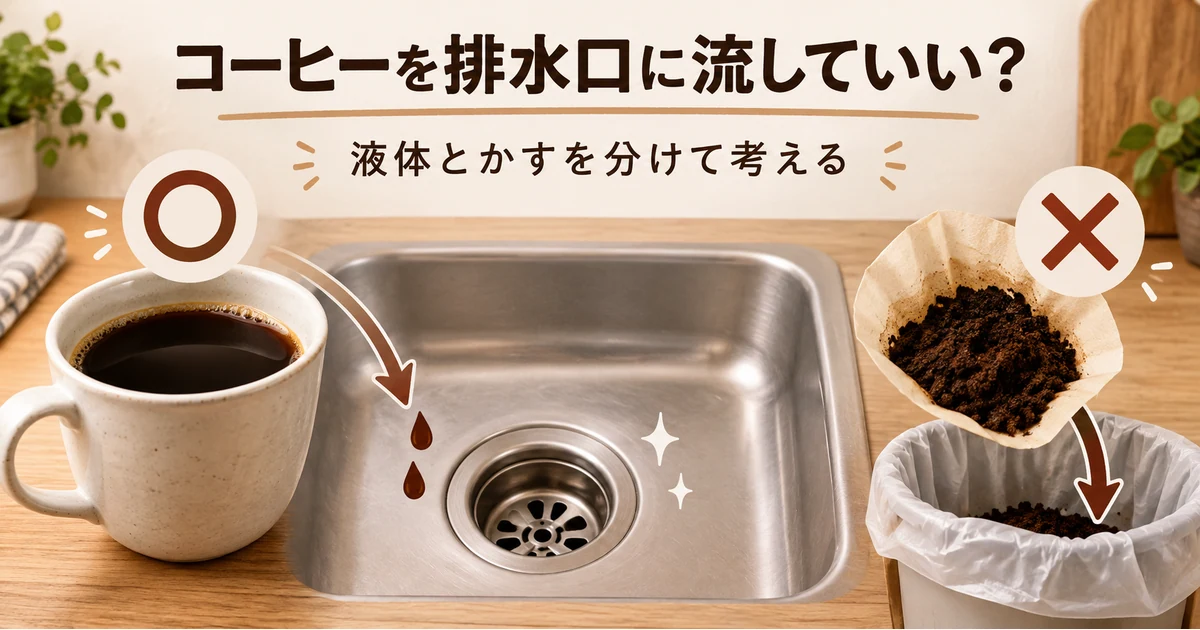 飲み残しのコーヒー液と使用済みのかすを分けて片付けるイメージ