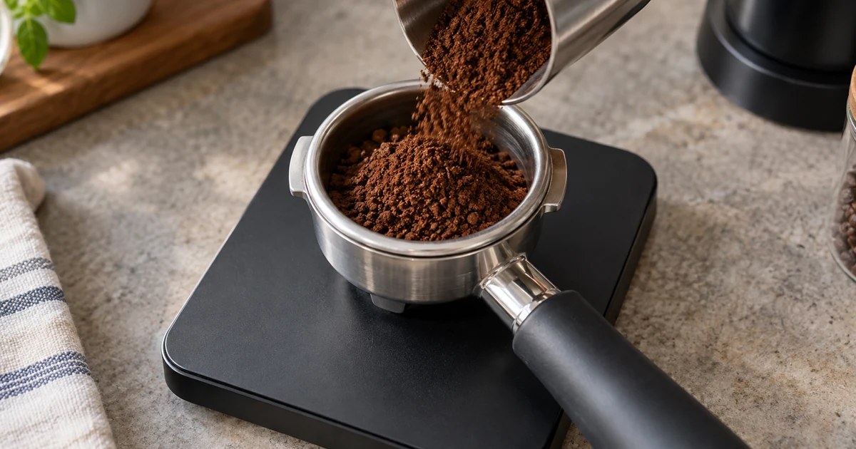コーヒー粉をポルタフィルターへ移して計量するイメージ